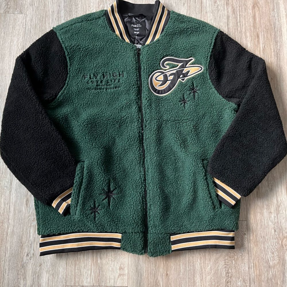 RUE21 Men's Sherpa Varsity Bomber Jacket Fly High Embroidered Graphic Logo